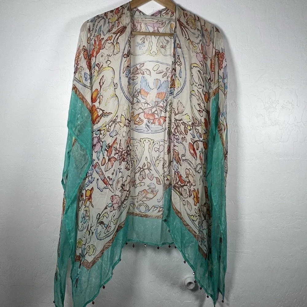 Soft Surroundings Floral Bird Print Sheer Kimono Caftan Cover Up Teal Beaded S M